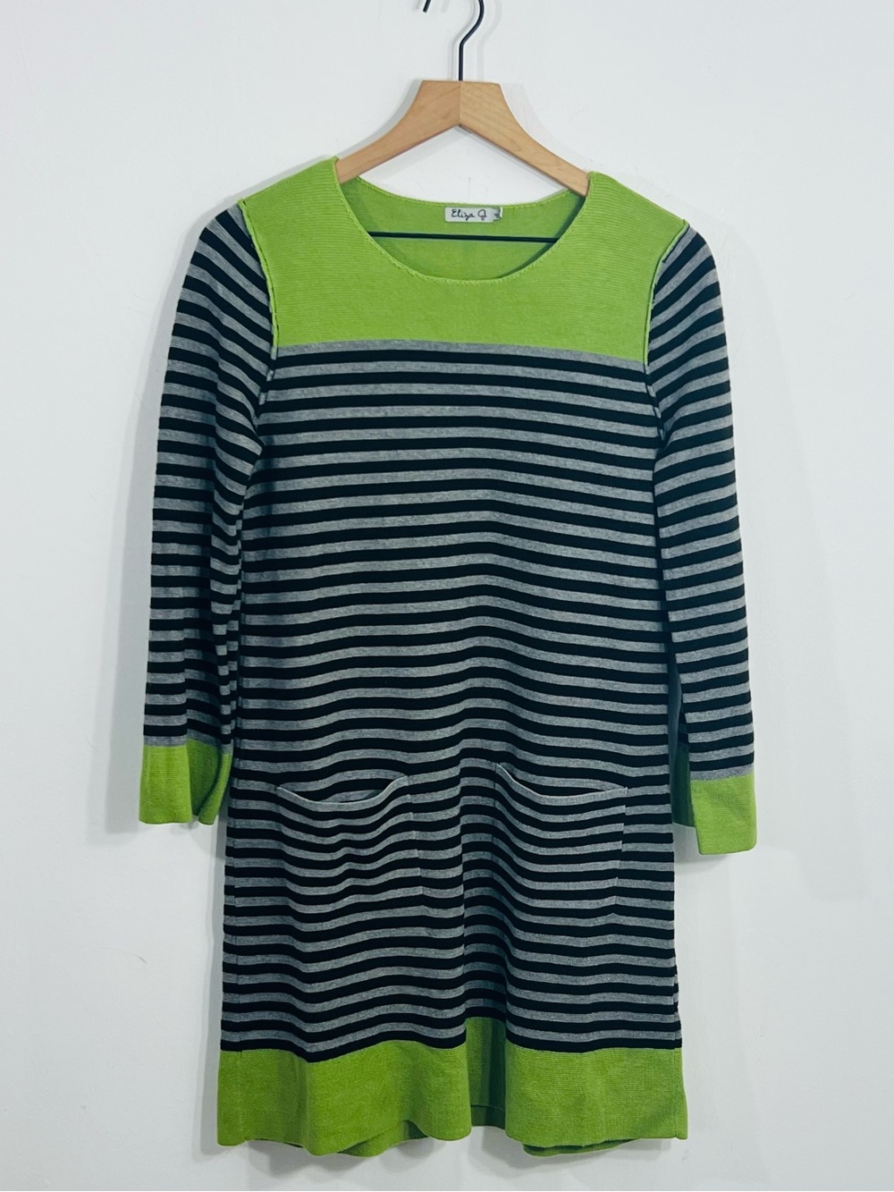 Eliza J Green Black Gray Striped Knit Sweater Dress Round Neck Pockets M Acrylic